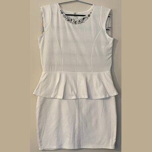 GUC XL Juniors Gracie Rhinestone Neckline Peplum Mini Dress in White